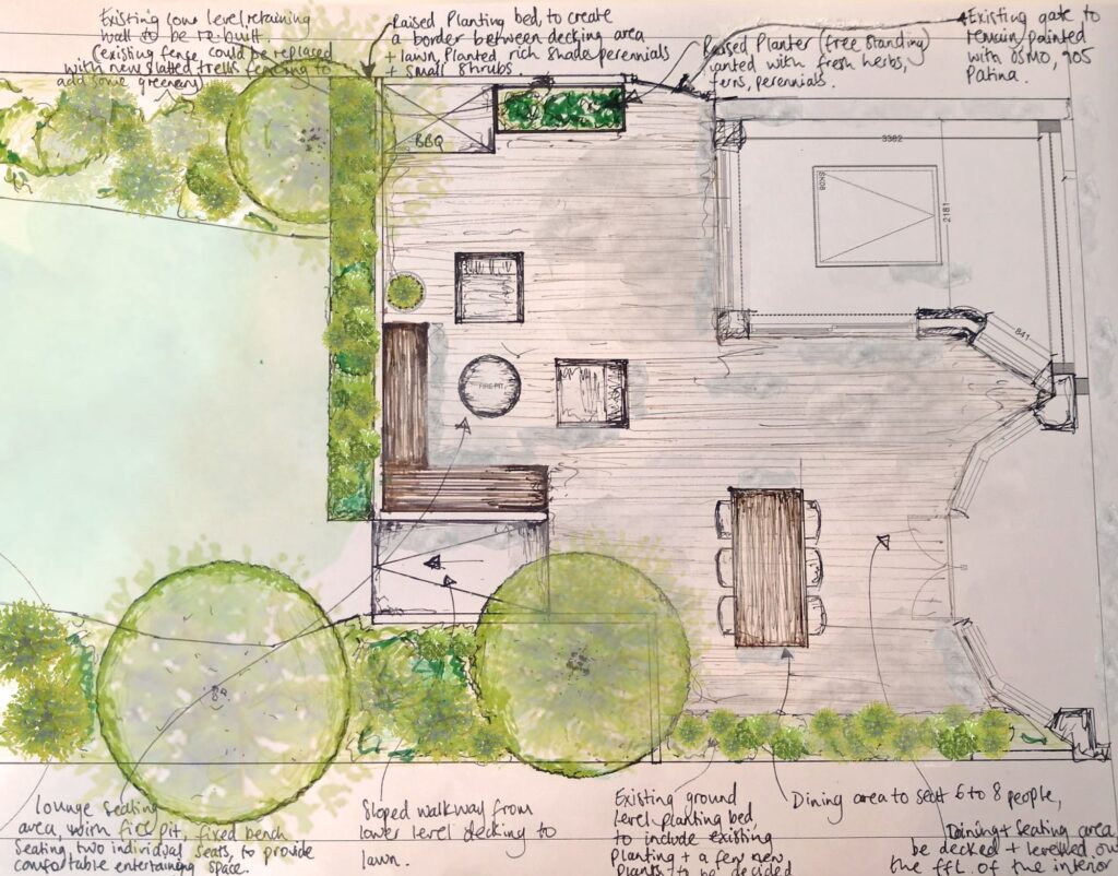 Hand drawn sketch of a garden plan.