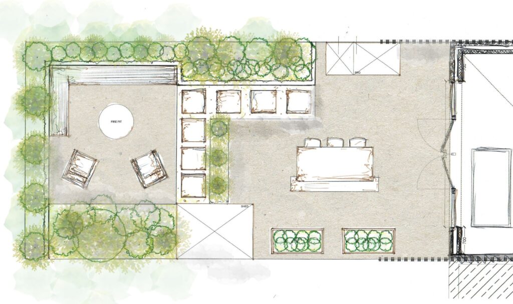 Hand drawn sketch of a garden plan.