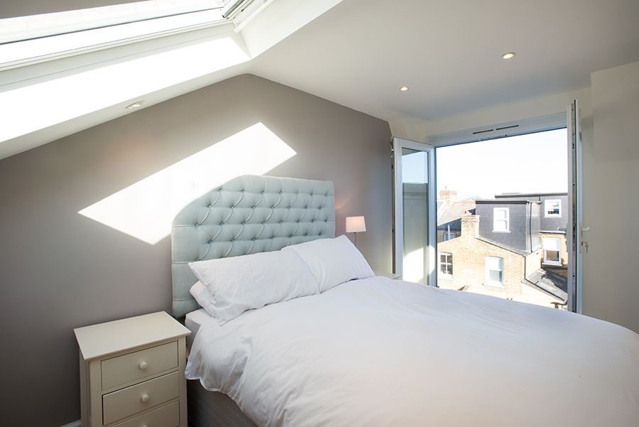 Loft bedroom with skylight and rooftop view, London
