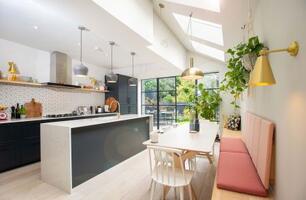 Renovation of a family home in Finsbury Park flooded with natural light by the four large architectural skylights and the full width Crittall doors to the garden.