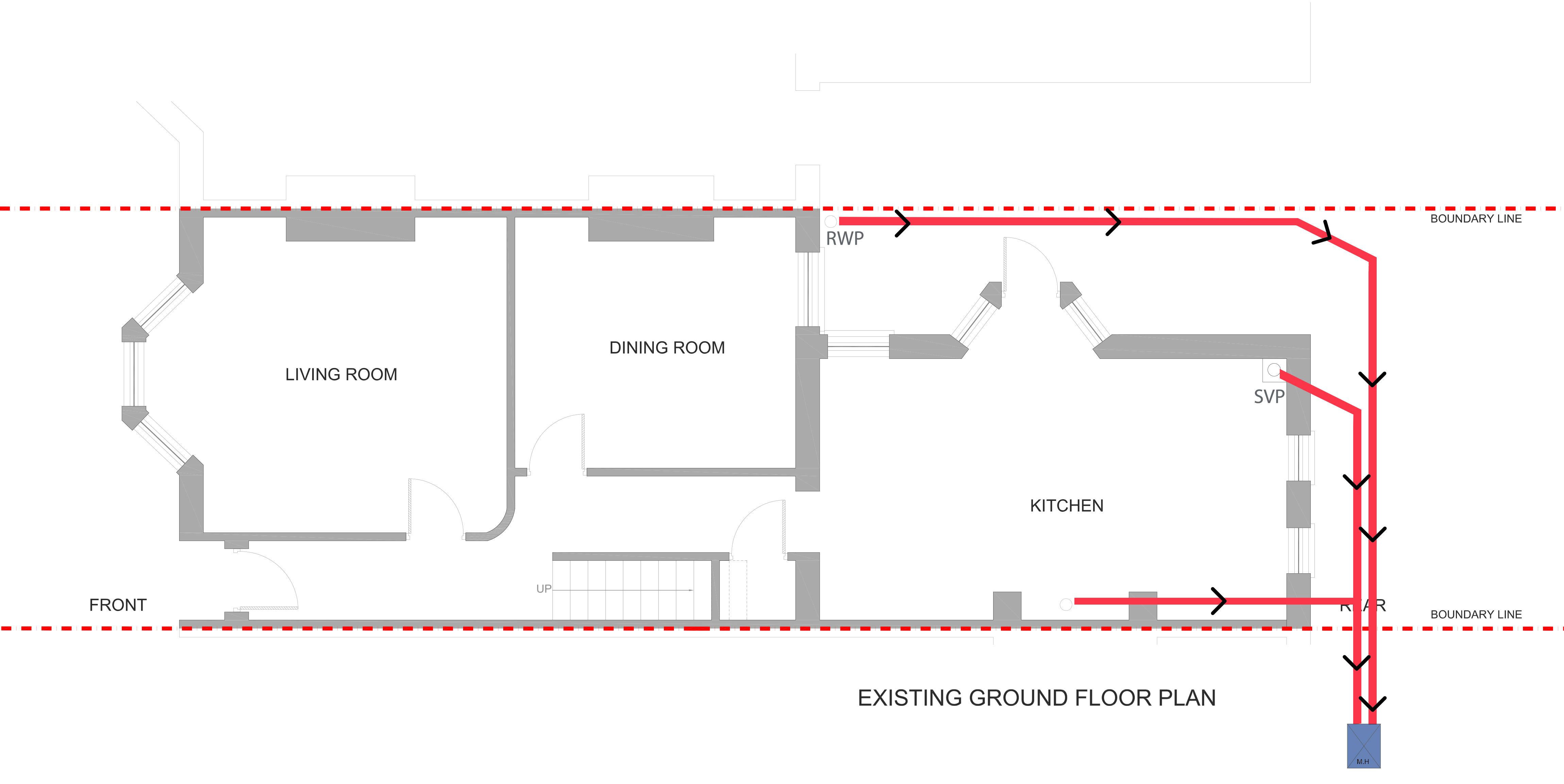 Existing ground floor plan of a terraced house showing the route of the drains