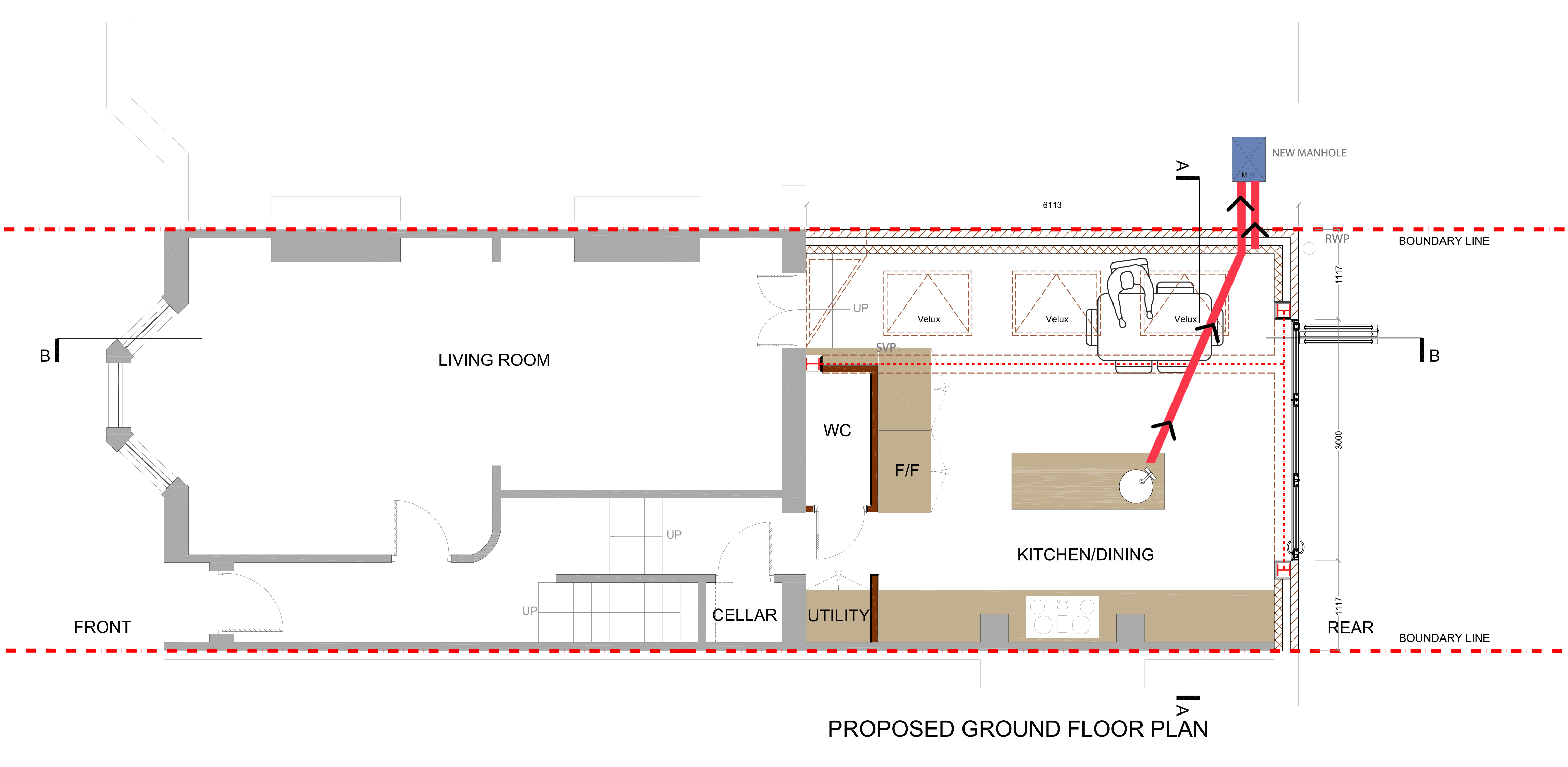 Proposed ground floor plan of an extension drawn over the route of the drains