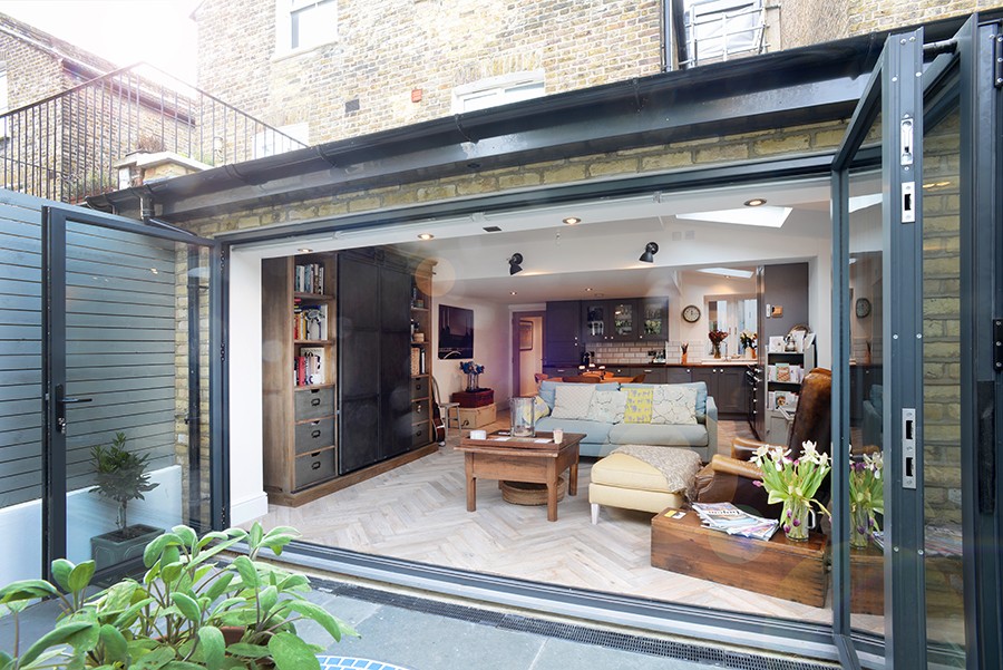 Rear extension with open bifold doors into an open-plan living room, Lyham Road