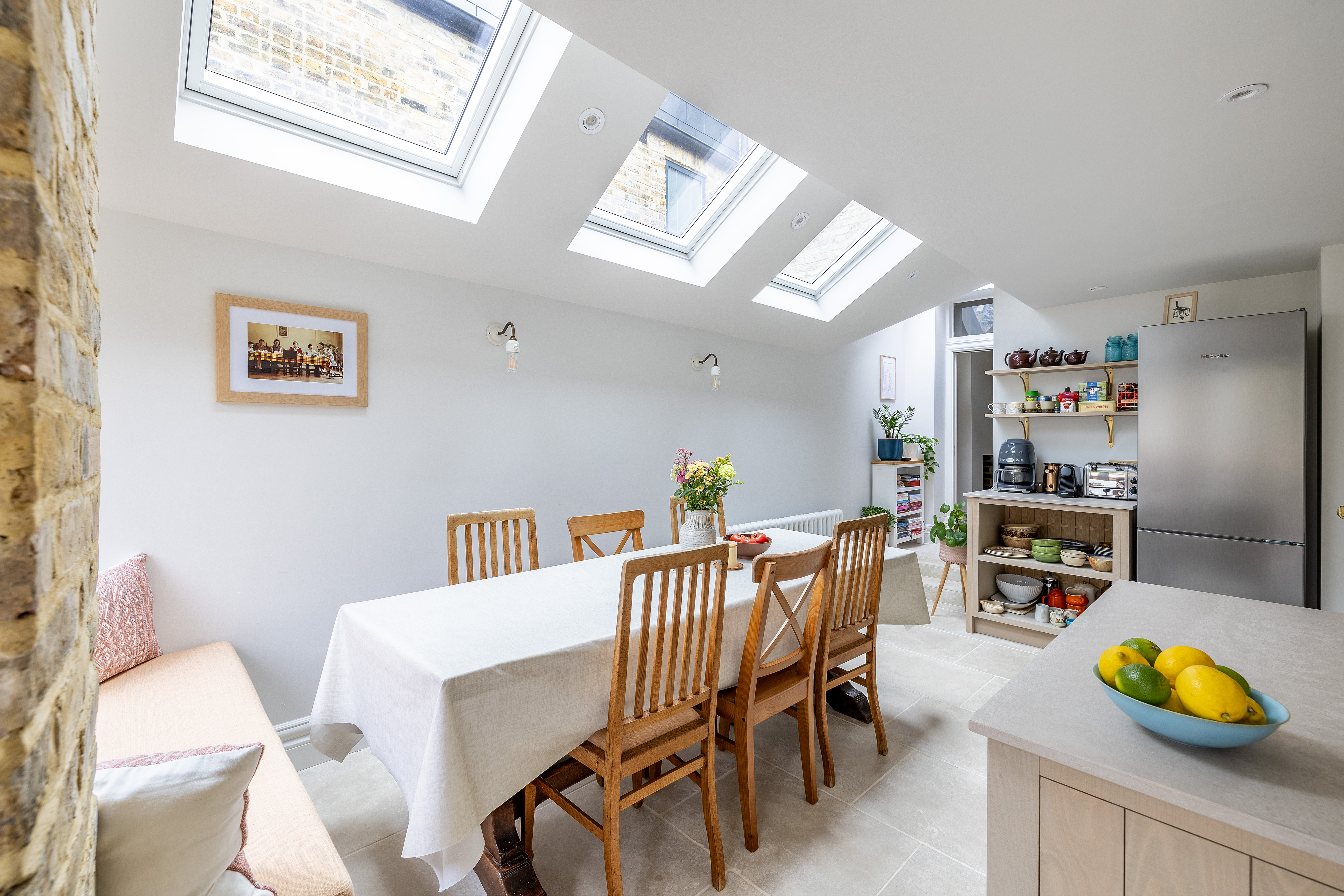 Open-plan kitchen and dining space with skylights, Lidfield Road extension N16